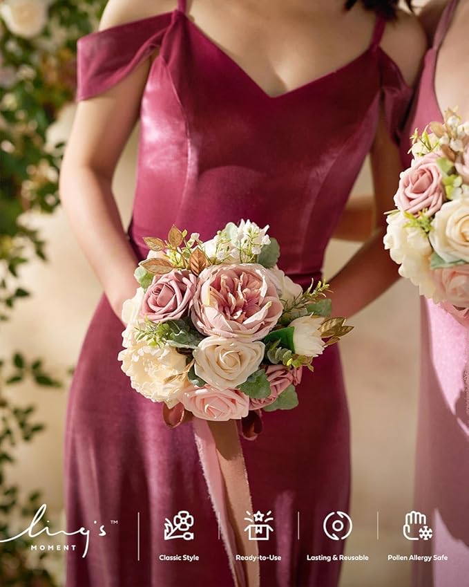 Ling's moment Artificial Flowers Pink Bridesmaid Bouquet, Dusty Rose Wedding Flowers Bouquets for Bridesmaids, 7 Inch Bridal Bouquets for Bridesmaids, Wedding, Ceremony, Anniversary, etc