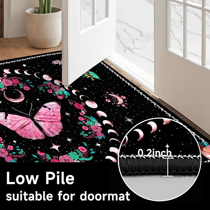 Pink Butterfly Area Rug 6'x9' Moon Phase Floral Rugs for Bedroom Living Room Kitchen Nursery Playroom Home Decor Boho Gothic Butterfly Carpet Non-Slip Washable Floor Mat