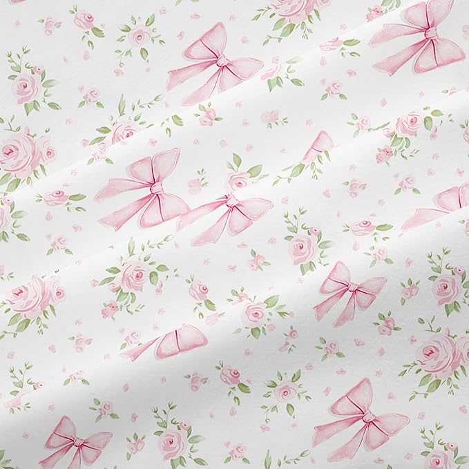 Nayoroom Pink Bow Duvet Cover Queen Size White Green Leaf Floral Duvet Cover Girls Cute Coquette Bedding Set 3 Pieces Soft Lightweight Spring Cottage Core Bedding Gifts for Women
