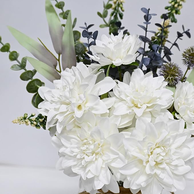 LADADA Vase Fake Flowers, Artificial Silk White Dahlias Arranged in Vases, EucalyptusTrees, Pampas Grass, and Hemp Rope for Farmhouses 14.5'' Floral Arrangements for Dining Table Centerpiece Decor