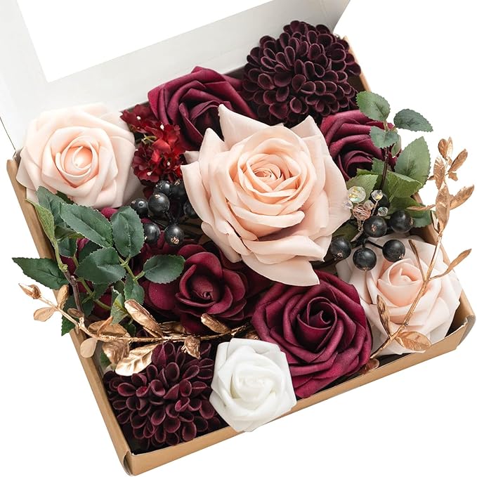 Ling's moment Burgundy Artificial Flowers and Greenery Mini Combo Box Set, Marsala & Blush Fake Flower for DIY Wedding Bridal Bouquet, Centerpieces Decor, Floral Arrangement Decor, etc.