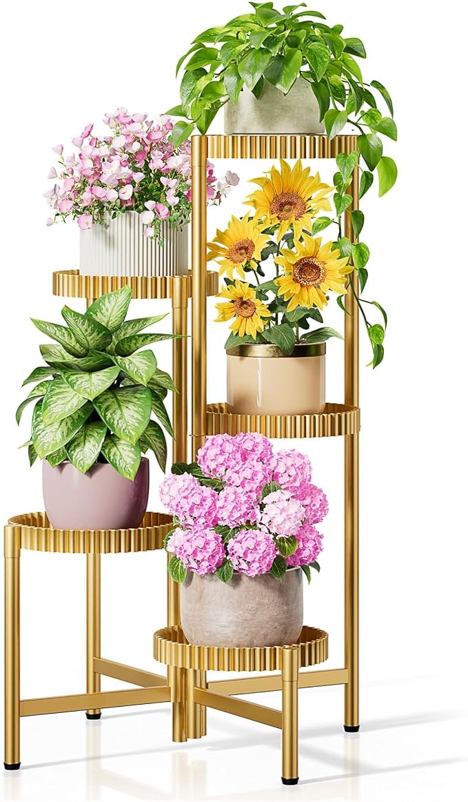 5 Tier Large Plant Stand Indoor, 7.9 Inch Wide Tall Corner Metal Plant Stands Outdoor for Multiple Plants, Foldable Tiered Flower Display Holder Rack Shelf for Patio Porch Balcony -GoldFloroma