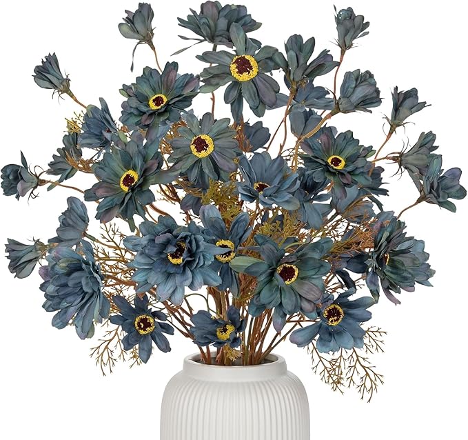 3 Bundles Artificial Daisy Flowers with Branches for Autumn Floral Arrangements, 20" Faux Wildflowers Mums Sprays for Fall Decor, Wedding Centerpieces, Fake Chrysanthemums Silk Flowers in Cyan Blue