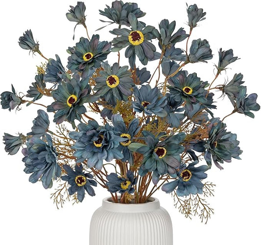 3 Bundles Artificial Daisy Flowers with Branches for Autumn Floral Arrangements, 20" Faux Wildflowers Mums Sprays for Fall Decor, Wedding Centerpieces, Fake Chrysanthemums Silk Flowers in Cyan Blue