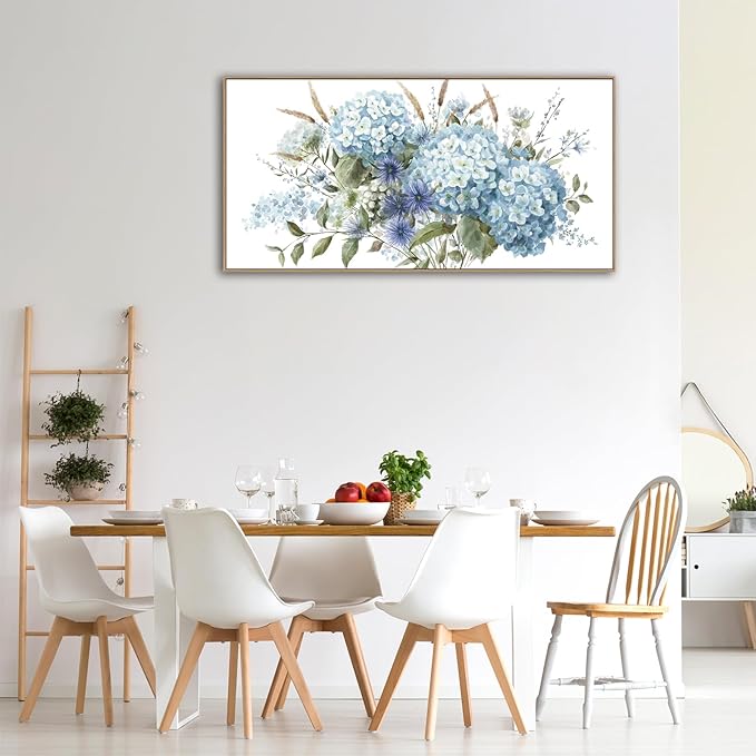VEAEE Framed Flowers Canvas Wall Art - Blue Floral Canvas Pictures, Living Room Wall Decor, Blue Hydrangea Botanical Canvas Prints Painting Abstract Artwork Bedroom Office Home Decor 20"x 40"