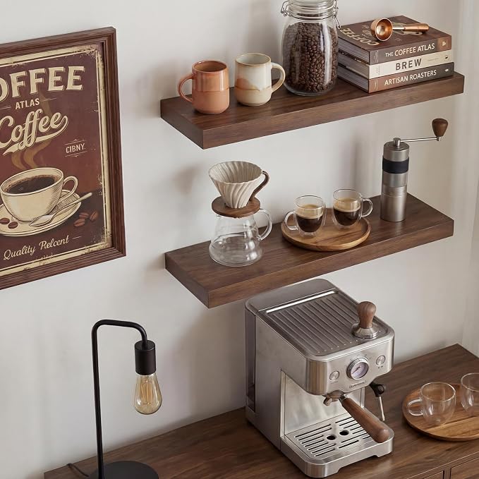 Walnut Floating Shelves for Wall, 24 in Wall Mounted Shelves Perfect for Bedroom, Bathroom, Living Room and Kitchen Decoration Storage（Set of 2）