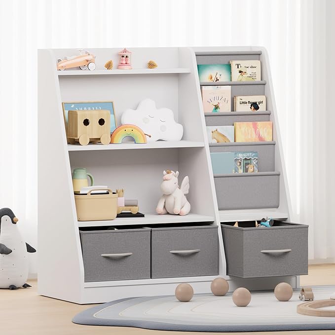 NACHES Kids Bookshelf and Toy Storage Organizer, Montessori Nursery Book Shelves with Sling Rack & Fabric Toy Bins, Children Toddler Baby Bookcase, Wooden Toy Shelf for Kids Room, Playroom, White