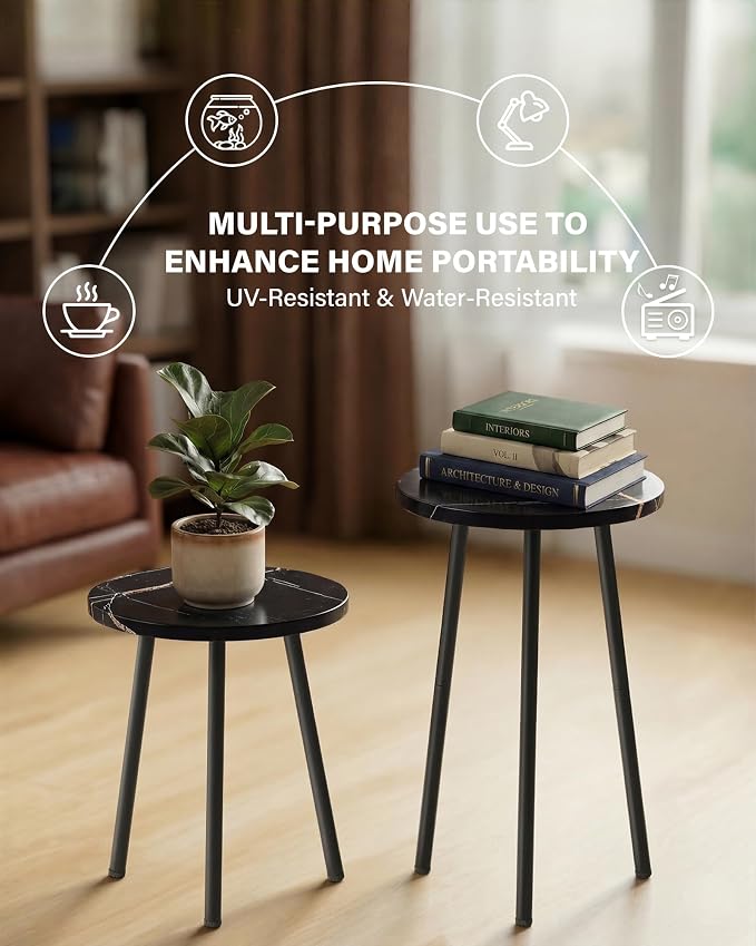 Plant Stand Indoor Tall: Corner Wood Plant Stand 2 Pack Mid Century Modern Decor - Small Round Plant Table for Indoor Plants - Outdoor Plant Holder for Patio Living Room Bathroom Office (Black Marble)