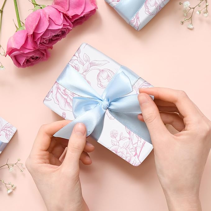 RayofSun Pink Floral Wrapping Paper Roll 17 in x 16.5 ft Mini Roll Vintage Toile Flower Gift Wrap Paper for All Occasion Wedding Birthday Bridal Shower Party Baby Shower Christmas