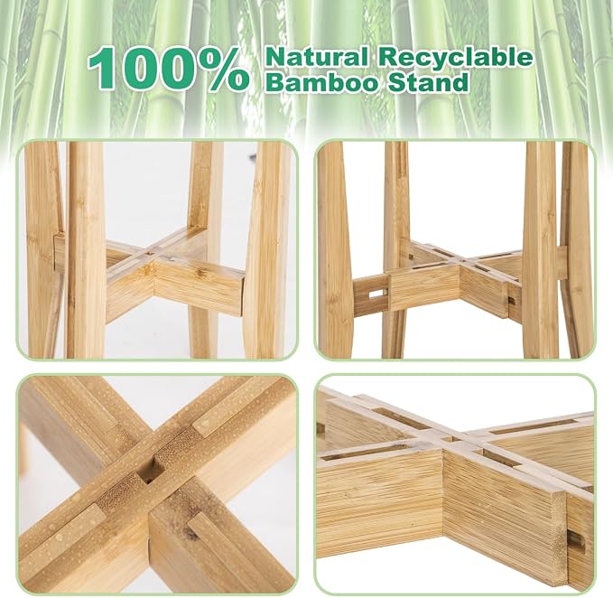 Rnined Plant Stand Indoor, Bamboo Plant Shelf, Adjustable Corner Plants Flower Holders Single Floor Plant Stand, Fits 8 to 12 Inches Pots,(Pot & Plant Not Included)(Nature)