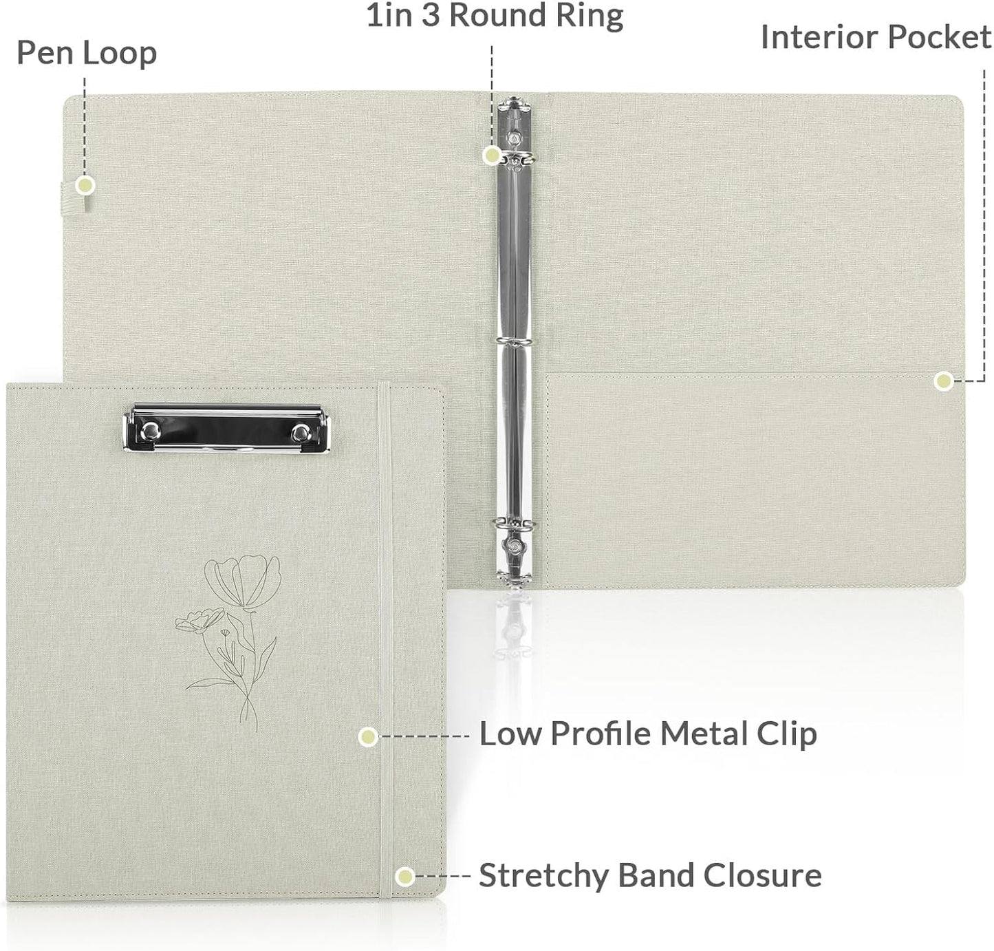 SKYDUE Clipboard Binder - 1 Inch 3 Ring Organizer with Front Clipboard & Dividers | Beige