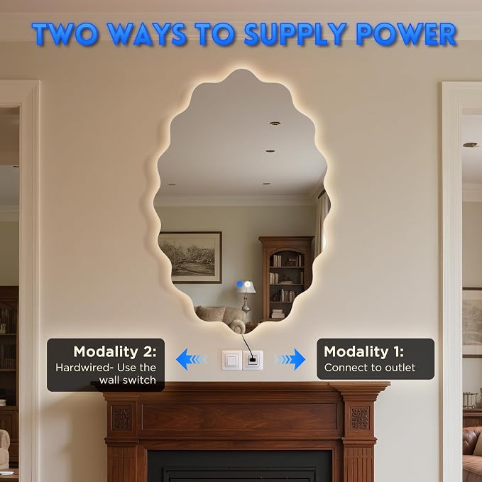 Oval Wavy Led Bathroom Mirror- Vanity Mirror with Lights IP54 Enhanced Anti-Fog,Single Piece 24"x36" 3 Colors Dimmable, Memory,Tempered Glass,UL Listed