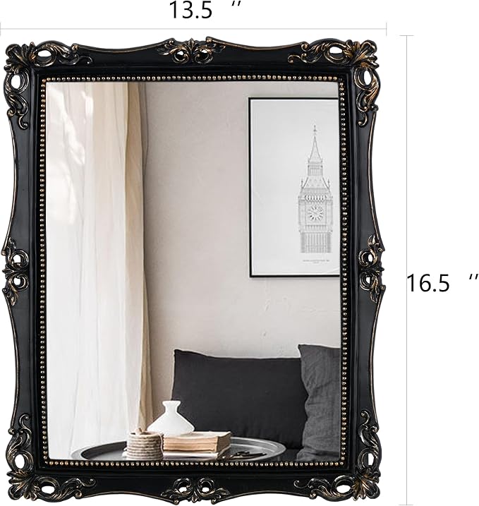 Funerom Vintage Decorative Mirror, Wall Mounted & Tabletop Makeup Mirror ，Square (Black, 16.5 x 13.5 inch)