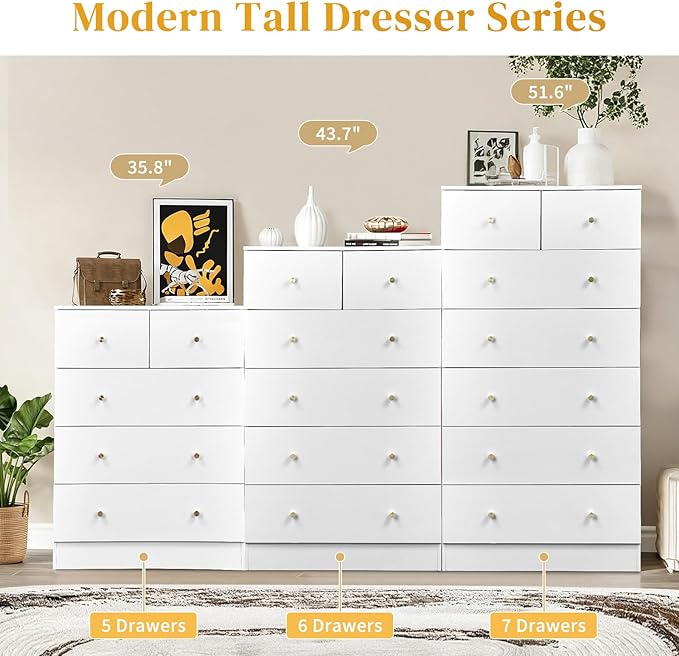 Karl home White 5 Drawer Dresser for Bedroom, Tall Dresser Chest of Drawers, Rustic Wood Bedroom Dressers Clothes Organizer, Anti-Tipping Device, Rose Gold Metal Handle, Living Room, Entryway, Office