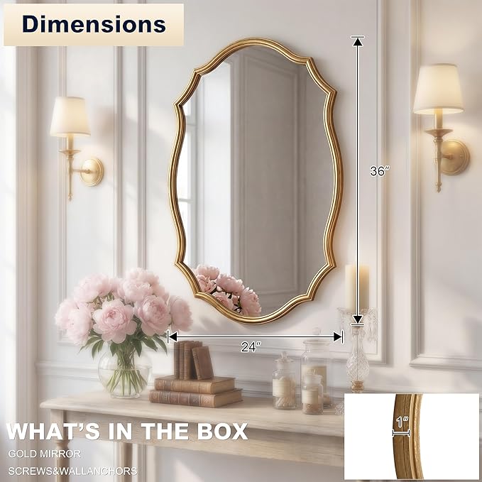 Wall Mirror with Metal Frame, 24" x 36" Antique Gold Ornate Vanity Mirror, Large Hanging Vintage Decorative Mirror for Bathroom, Entryway, Bedroom, Living Room