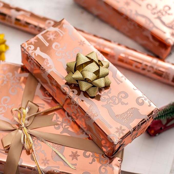 MAYPLUSS Christmas Reversible Wrapping Paper - Mini Roll - 17 Inch X 32.8 Feet - Rose Gold with Glitter Metallic Foil Design (47.3 sq.ft.ttl)