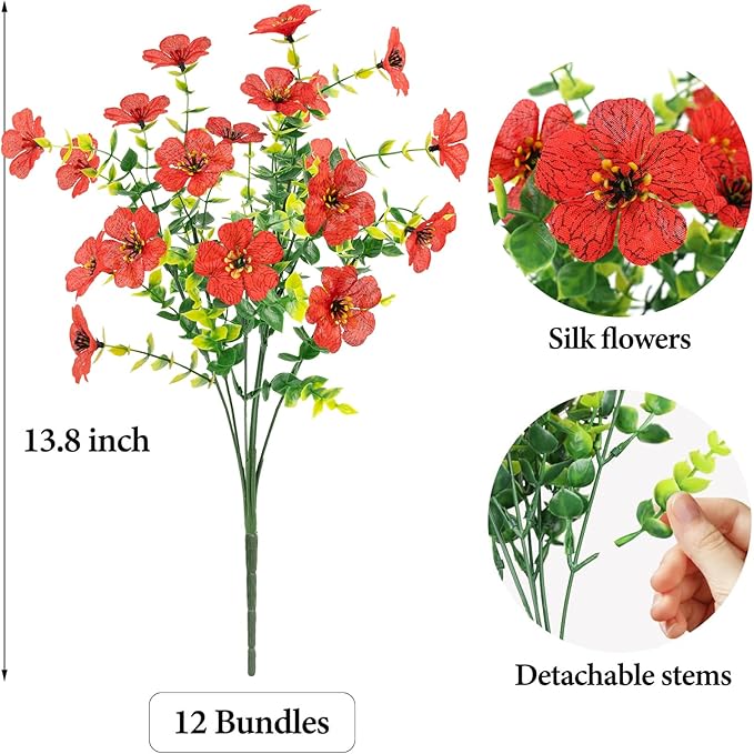 Artificial Flowers Outdoor Faux Plants UV Resistant Fake Patio Flowers Plastic Greenery Plnats Outside Bulk for Spring Garden Hanging Planter Home Vase Decor, 12 Bundles (Red)