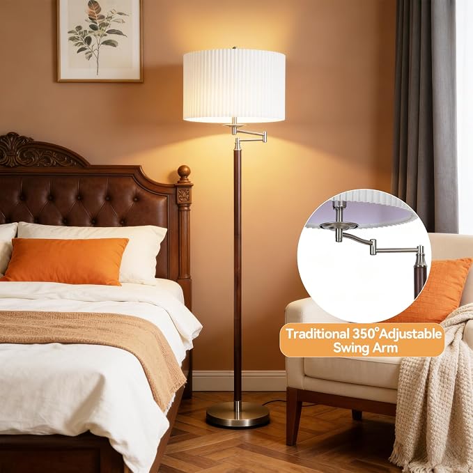 Traditional 350° Adjustable Swing Arm Farmhouse Floor Lamp for Bedroom, Modern Floor Lamps with Pleated Shade for Living Room, Rustic Standing Lamp Pole Lamps for Reading and Office