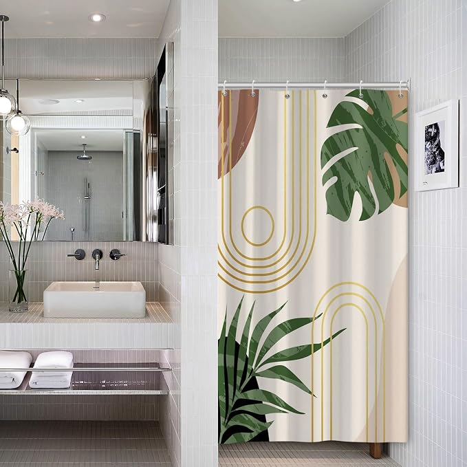 Boho Sage Green Shower Curtain Bohemian Mid Century Geometric Abstract Curve Bathroom Curtain Palm Leaf Polyester Shower Curtain Sets for Bathroom Extra Long 36x72 in with 6 Hooks