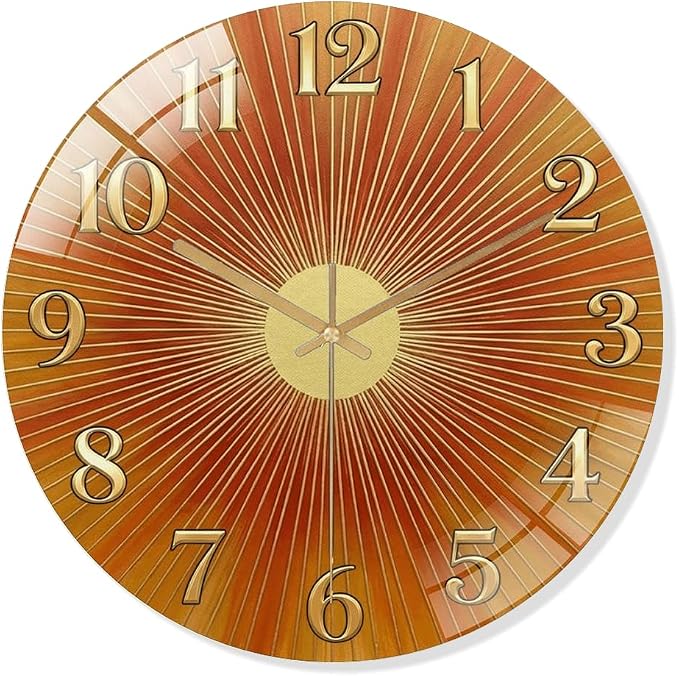 12 Inch Orange Sunburst Glass Wall Clock Silent Art Decor | Silent glossy clock with warm orange sunburst and gold numbers, accurately tracking time for your retro living room