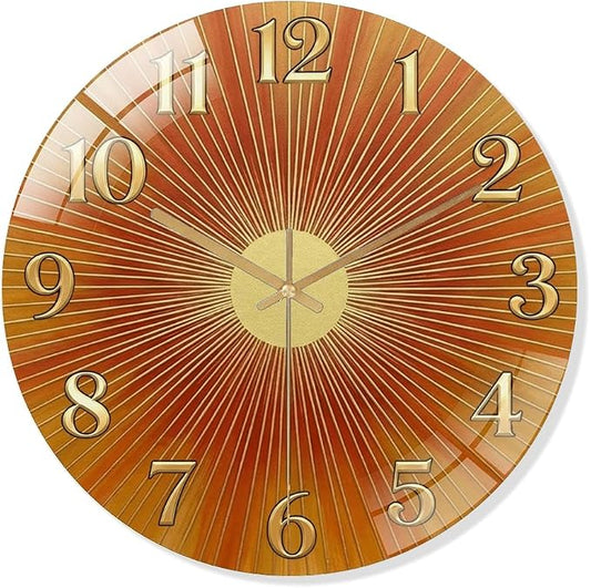 12 Inch Orange Sunburst Glass Wall Clock Silent Art Decor | Silent glossy clock with warm orange sunburst and gold numbers, accurately tracking time for your retro living room