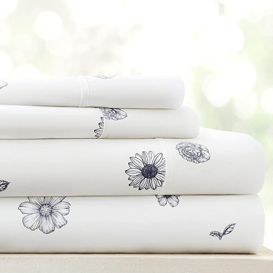 Linen Market Double-Brushed Patterned Microfiber Queen Sheet Set 4 Piece – Oeko-TEX Certified Ultra Soft & Wrinkle-Free - 16" Deep Pocket Sheets - Easy Care Queen Size - Indigo Flowers Navy