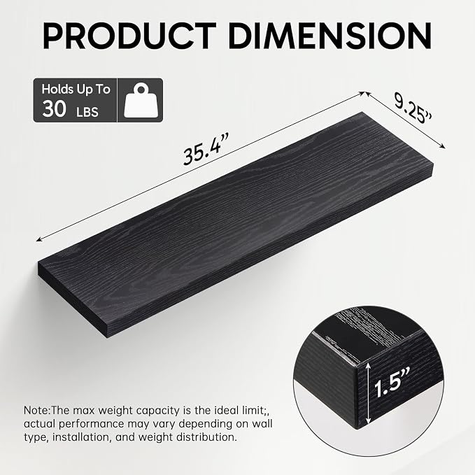 BAYKA Floating Shelves for Wall, Set of 2, 35.4 inches Long Wall Mounted Rustic Wood Shelves for Bathroom, Bedroom, Living Room, Kitchen, Office, Hanging Shelf for Books/Storage/Decor, Black