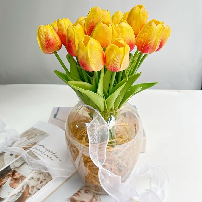 20 Pcs 13” Real Touch Orange Tulips Artificial Flowers, Latex Pu Fake Faux Lifelike Flowers with Stems, for Wedding Bouquet Christmas Fall Home Decor
