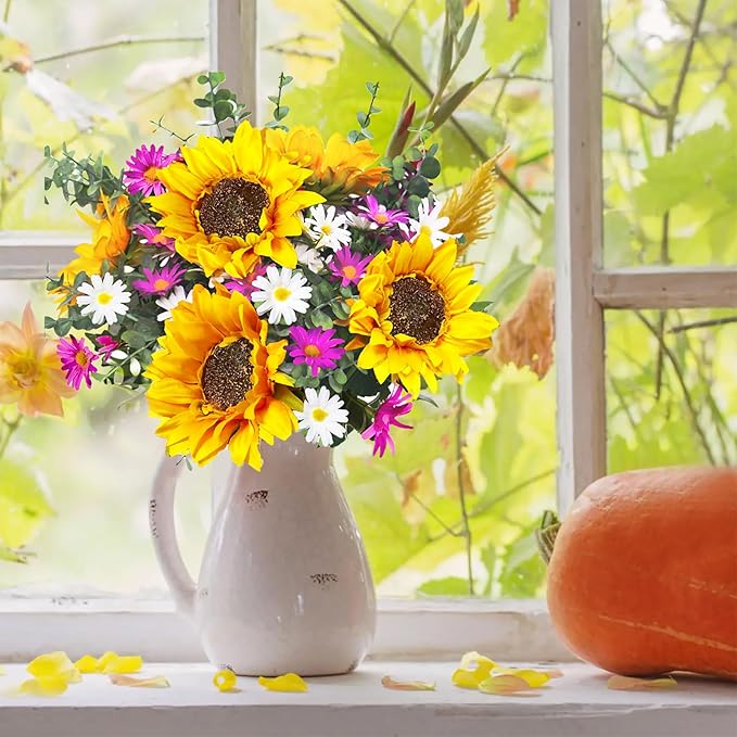 Sunflowers Artificial Flowers Bouquet, Fall Flowers Artificial for Decoration, Silk Flower Arrangements, Fake Sunflowers for Wedding Floral Arrangement Farmhouse Decor Cemetery Flowers -Yellow