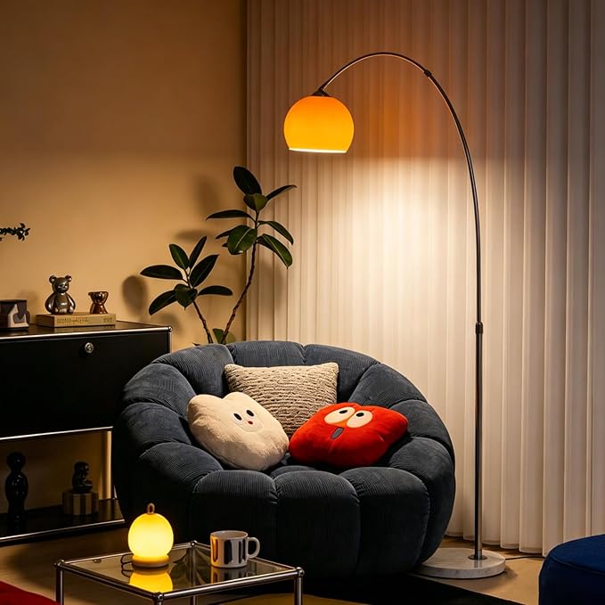Orange Arc Floor Lamp with Acrylic Shade,Arch Reading Lamp Floor Standing,Mid Century Modern Orange Standing Lamp for Living Room Bedroom