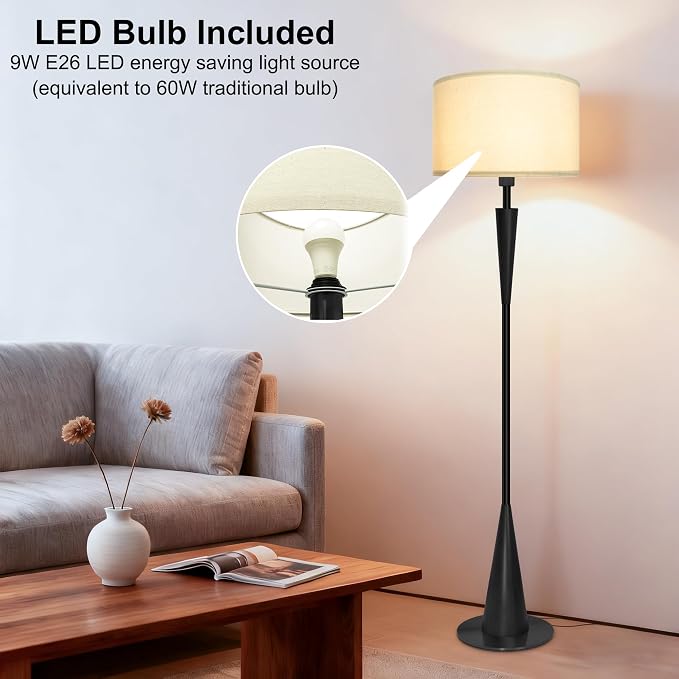 Floor Lamps for Living Room,61.5" Wood Floor Lamp,Retro Farmhouse Standing Lamp Includes 9W Bulb with 3-Color Temperature,Tall Lamp for Bedroom,Dining Room,Living Room,Corner,Black