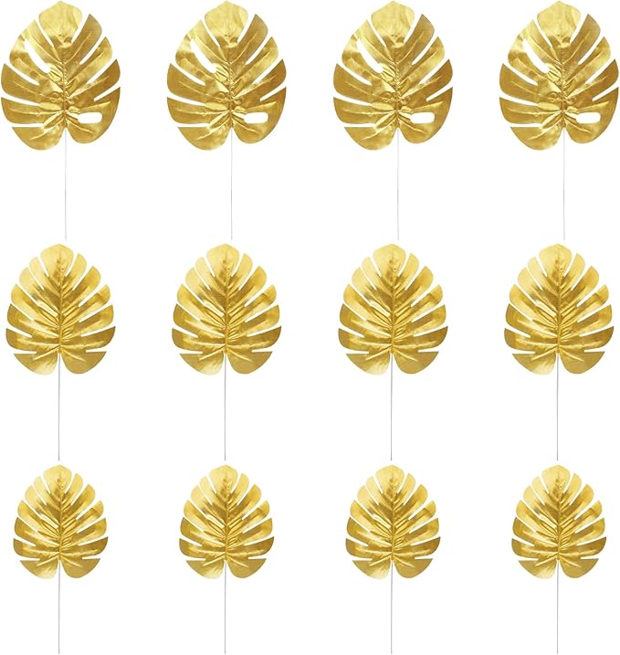 CCINEE 24PCS Golden Artificial Palm Leaves, 3 Sizes Faux Monstera Leaves Simulation Safari Leaves with Stems for Home Hawaiian Luau Party Jungle Beach Theme Party Decoration