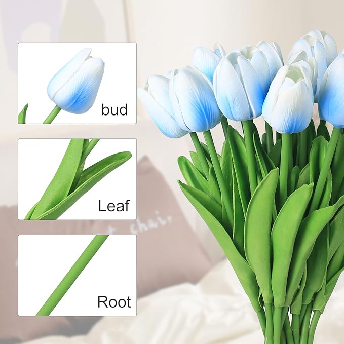20 Pcs 13” Real Touch Light-Blue Tulips Artificial Flowers, Latex PU Fake Faux Flowers, for Wedding Bouquet Home Decor