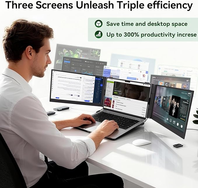 14" Triple Laptop Screen Extender, Ultra-Thin Lightweight FHD 1080P IPS Laptop Monitor Extender Portable, Extended Screen for Laptops 13-17.3" Compatible with Wins Mac Chrome Dex Phone Travel Work