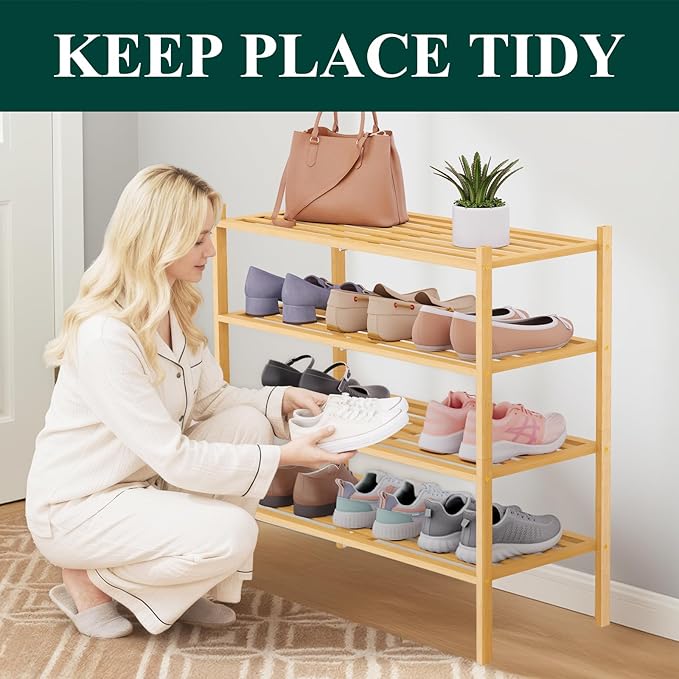 Smiry Bamboo Shoe Rack 4-Tier, Stackable Wooden Shoe Organizer for Entryway & Closet, Free Standing Wood Shoe Storage Shelf for Front Door & Small Spaces, Natural