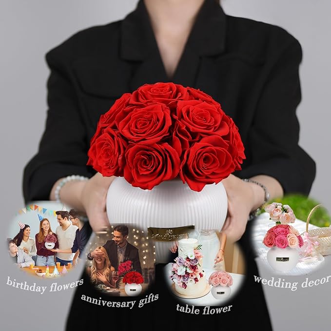 Preserved Roses,Weeding Flowers,Table Centerpiece Flowers,14Pcs Long Lasting Real Rose in Ceramic Vase,Table Flowers for Party,Wedding Decor,Birthday,Anniversary,Wedding Gifts for Her (Red)