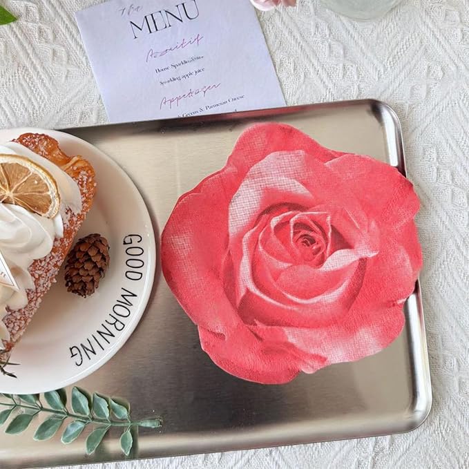 100 Pack Rose Flower Cocktail Napkins, 2-Ply Floral Paper Napkins Disposable Decoupage Luncheon Dinner Napkins for Tea Party Wedding Birthday Hotel Restaurant Folded 6.1 x 6.1 Inches