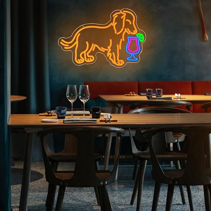 Dachshund Drink Martini Neon Sign for Wall Decor Long Haired Dachshund Bar Neon Light Colorful Dog Drink Martini Led Light Dog Neon Light for Bedroom Man Cave Living Bar Room Shop Party