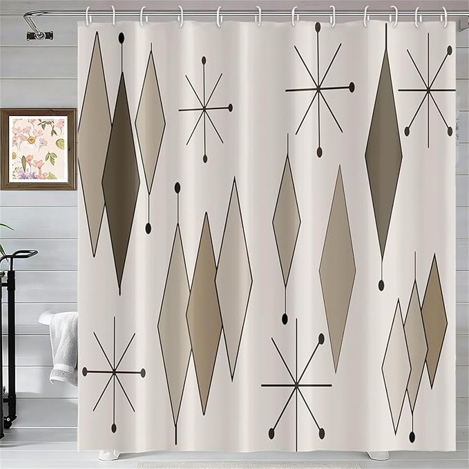 Boho Light Grey Brown Shower Curtain Abstract Mid Century Diamond Geometric Atomic Starburst Pattern Beige for 1950s Retro Bathroom Decor Shower Curtain Set with 12 Hooks, 72x72 Inches