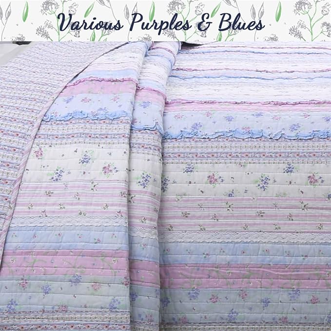 Cozy Line Home Fashions Shabby Chic Romantic Lace Purple Blue Floral Cotton Bedding Quilt Set, Reversible Coverlet, Bedspread (Lavender, King-4 Piece: 1 Quilt+2 King Shams+1 Decor Pillow)