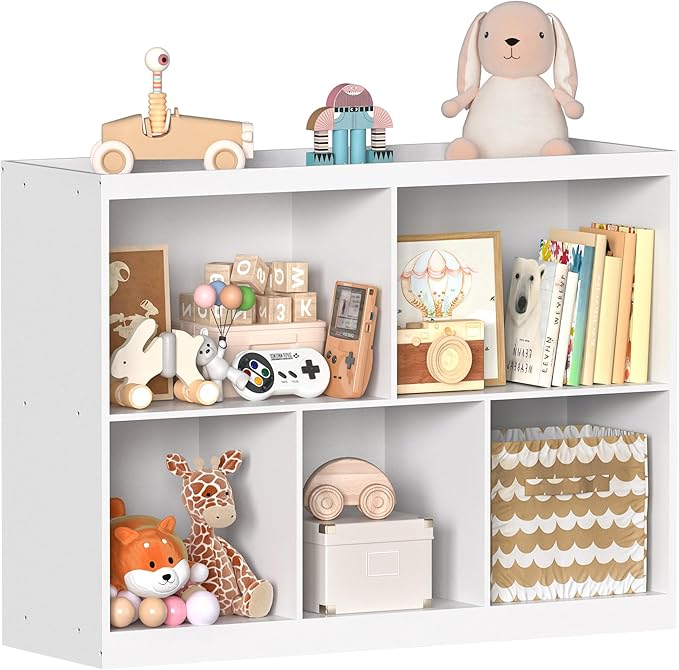 Toy Storage Organizer, 5-Section Kids Bookcase with Raised Edge, Children's Toy Shelf Cabinet for Playroom Bedroom Daycare Nursery School, Montessori Bookshelf for Boys & Girls (2-Tiers)
