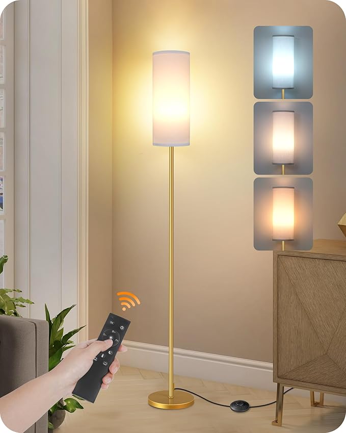 Set of 2 Dimmable Floor Lamps for Living Room with 2 Remotes and Foot Switch, 64.4”Modern Standing Lamp, Corner Lamp for Bedroom, Bulb Included, 3000K-6500K, White and Gold DCW06LDP205W1