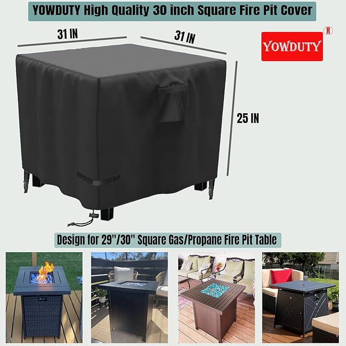 YOWDUTY Propane Fire Pit Cover Square 30 Inch, Waterproof Heavy Duty 600D Gas Fire Pit Table Cover 30 x 30 x 25 Inch, Fit 28-30 Inch Firepit Table, All-weather Protection For Patio Fire Table