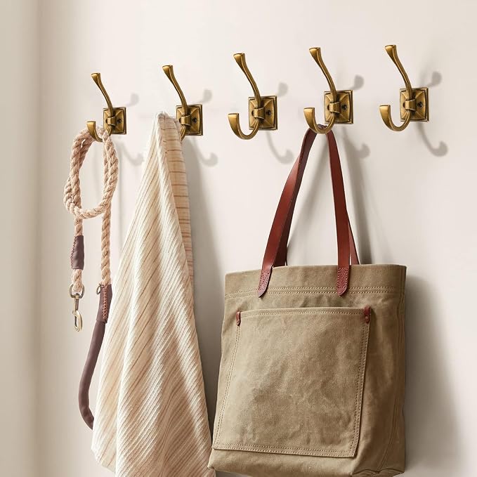 Large Antique Brass Coat and Towel Hooks - 10 Pack 4.35 Inch Double Robe Hooks for Key, Towel, Bags, Cup, Hat