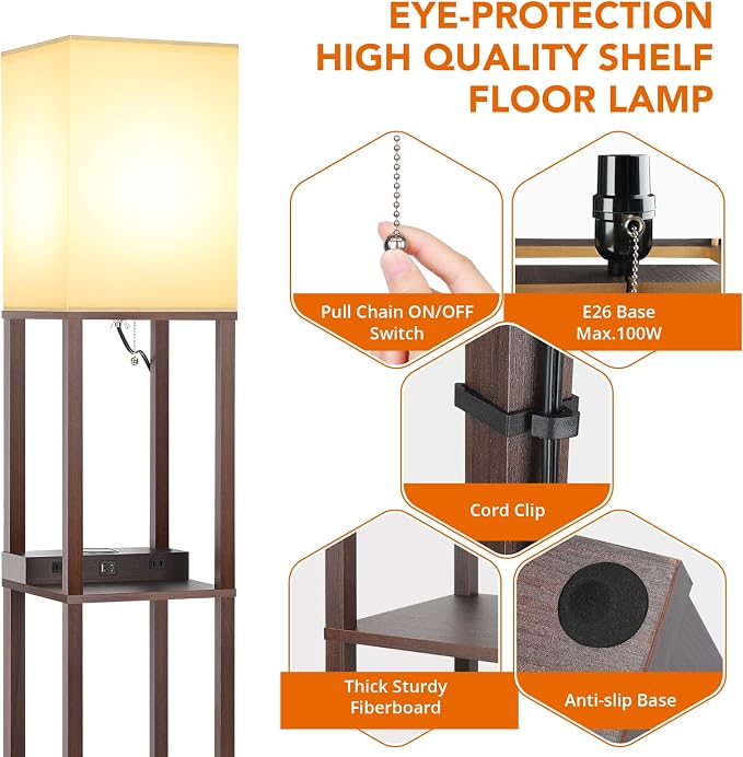 Mlambert Modern Shelf Floor Lamp with Wireless Charger & Fast Charging USB Ports & Type C Port & 2 Power Outlets,3 Tier Storage Lamp for Bedroom,Brown