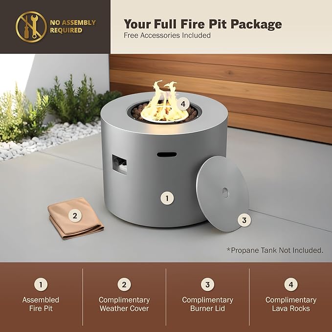 32 Inch Propane Fire Pit Table, 50,000 BTU Round Outdoor Fire Table, Alloy Steel Gas Fire Pits with Waterproof Cover, Lava Rocks and Lid, CSA Certified, for Patio, Deck, Backyard, Gray