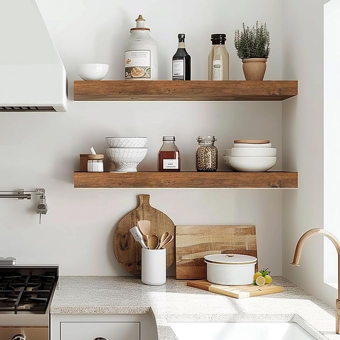 Rustic Brown Floating Shelves for Wall，24in Wall Mounted Display Ledge Shelves Perfect for Bedroom, Bathroom, Living Room and Kitchen Decoration Storage (Rustic Brown, Set of 2)