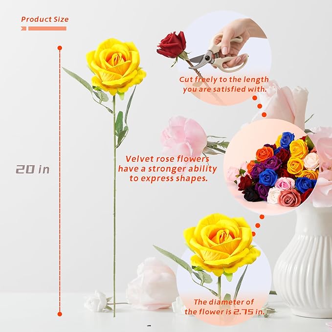 12 Pcs Artificial Rose Flowers, Silk Roses with Long Stems, Realistic Fake Roses for Wedding Centerpiece Party Home and Office DIY Decor, Yellow
