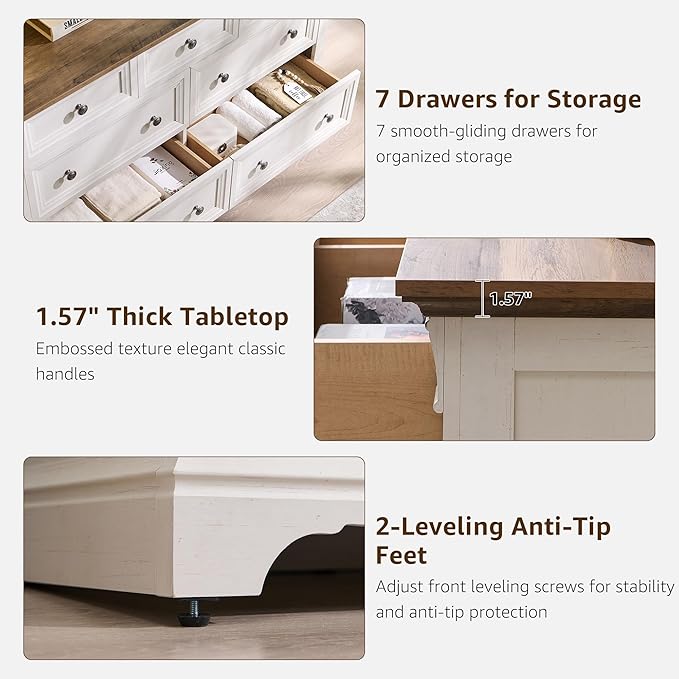 T4TREAM Farmhouse 7 Drawers Dresser for Bedroom, 54" Wide Wood Rustic Chest of Drawers w/Roman Column, Wooden Storage Dressers Organizer for Bedroom, Living Room, Closet, Antique White