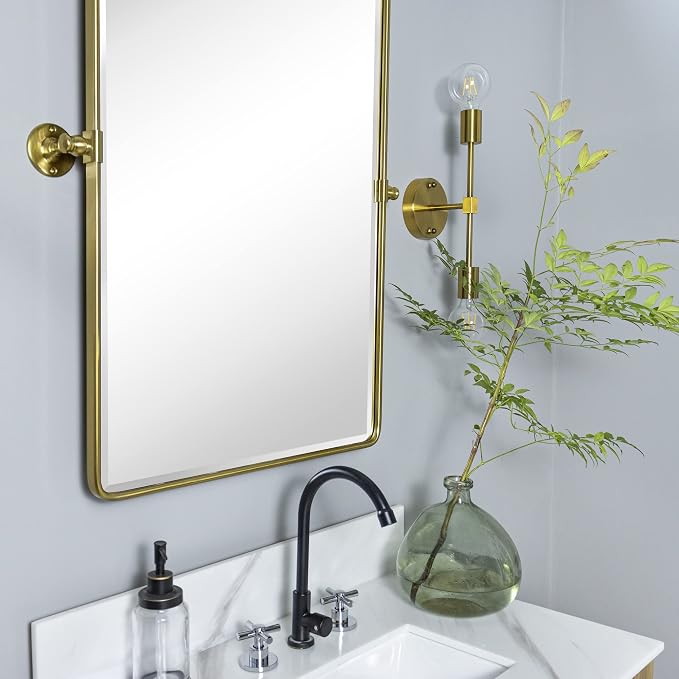 TEHOME Gold Pivot Rectangle Bathroom Vanity Mirrror Farmhouse Tiltable Rounded Metal Framed Pivoting Bathroom Mirror with Beveled Mirrror, Overall 26.91 x 35 inches (Mirrror 23 x 35 inches)